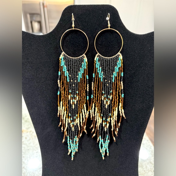 “NEW”Beaded Fringe Hoop Earrings - Black & Turquoise - Picture 3 of 6